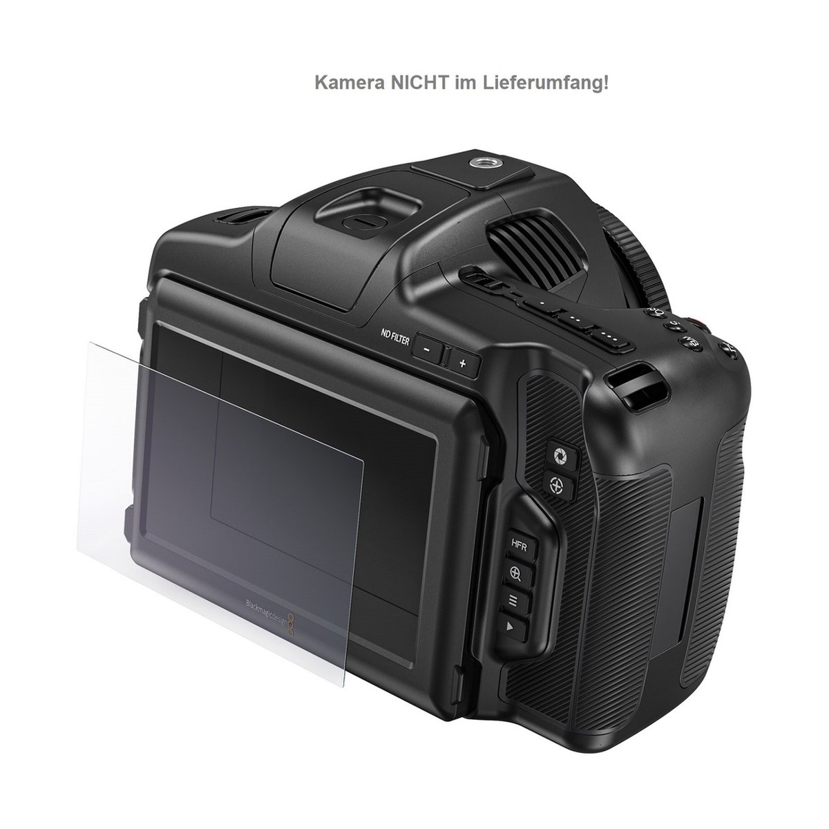 SmallRig 3274 Screen Protector für BMPCC 6K PRO (2 pcs) - Detailansicht: Displayschutzfolie schwebend vor Blackmagic Kamera-Display; Kamera nicht enthalten.