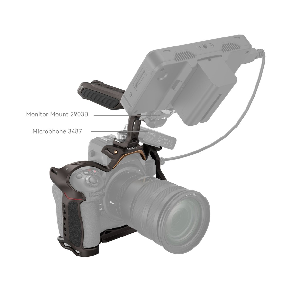 SmallRig 4317 Night Eagle Cage Kit für Nikon Z8 - Detailansicht: SmallRig Monitorhalterung 2903B und Mikrofonhalterung 3487 an Kamerasetup. SmallRig 4317 Night Eagle Cage Kit für Nikon Z8 - Detailansicht: SmallRig Monitorhalterung 2903B und Mikrofonhalterung 3487 an Kamerasetup.