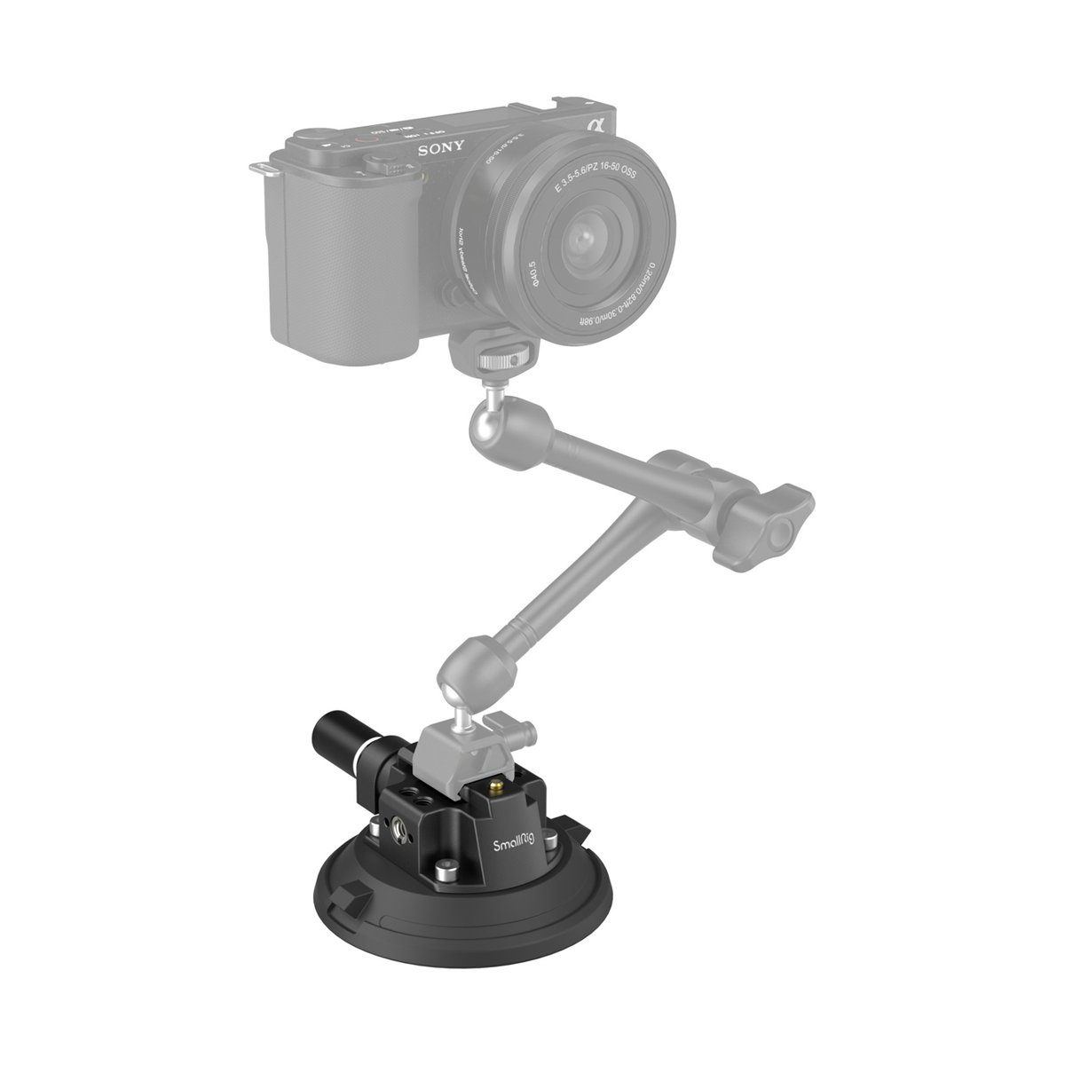 SmallRig 4122B 4" Saugnapf- Kamerahalterung - Anwendungsbeispiel: Saugnapf-Halterung mit Gelenkarm und montierter Kamera.