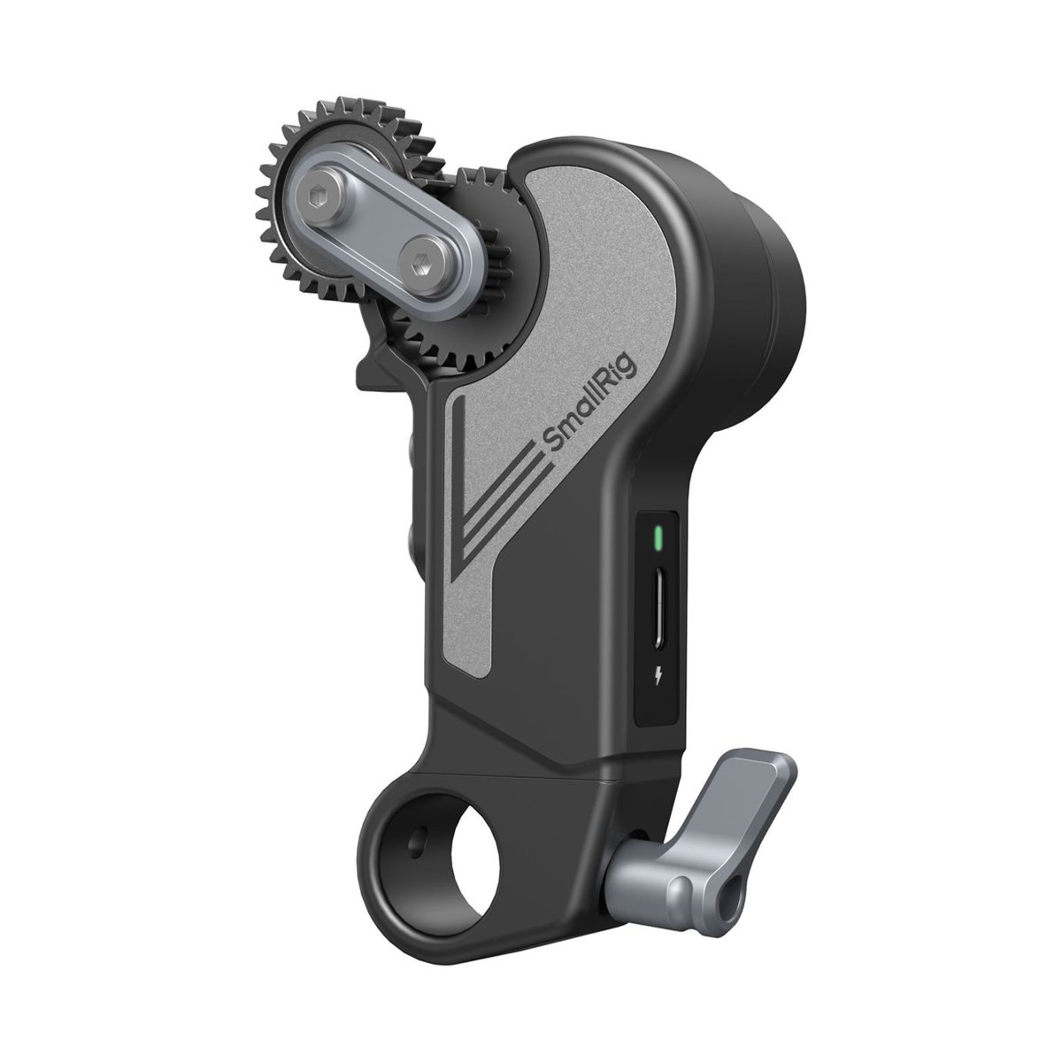 SmallRig 4297 drahtloser Empfänger-Motor (Lite) - Schrägansicht des SmallRig Follow Focus mit Zahnrädern, seitlichem USB-Anschluss und 15mm-Rod-Klemme.