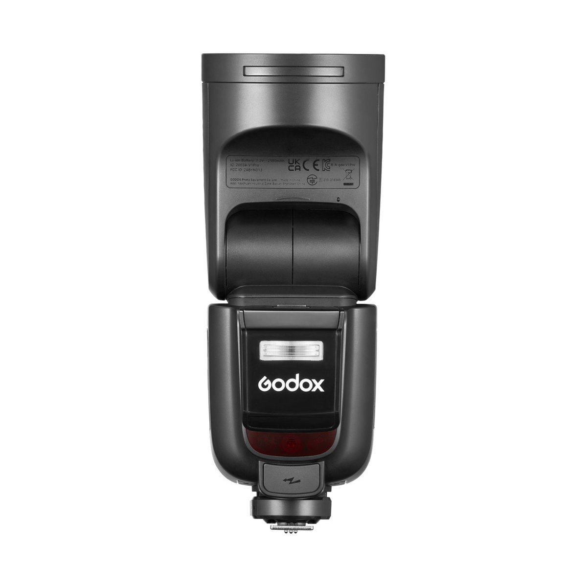 Godox Speedlite V1Pro Fujifilm - Rückansicht des schwarzen Godox V1 Kamera-Blitzgeräts mit Markenlogo.