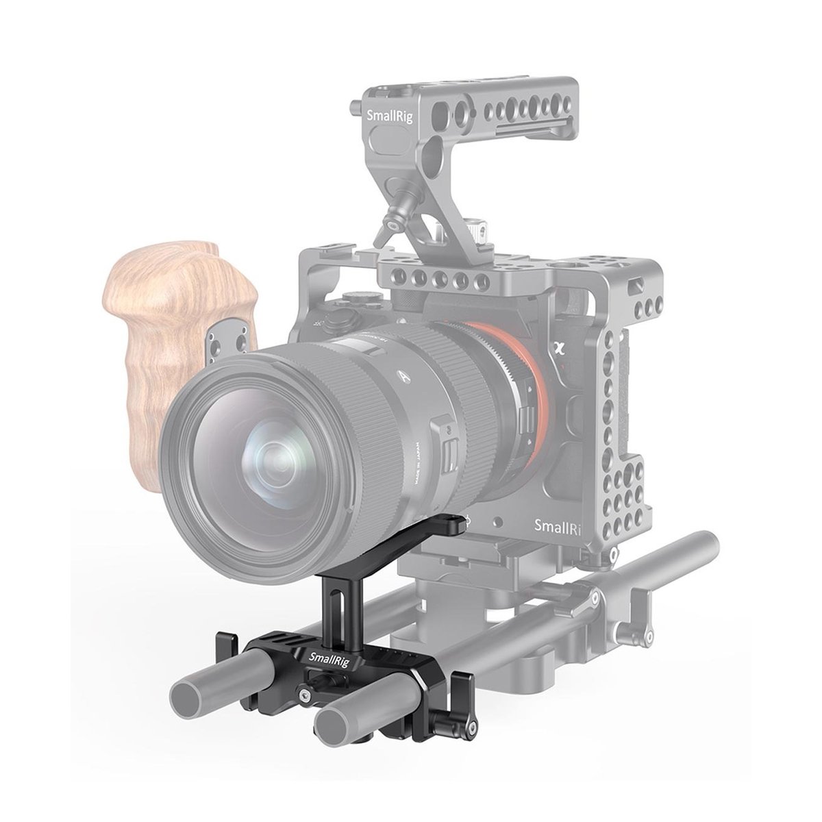 SmallRig BSL2680 LWS Universal Objektiv- Halterung 15 mm - Frontansicht: Kamera mit SmallRig Rig, Objektivstütze und Rod-System