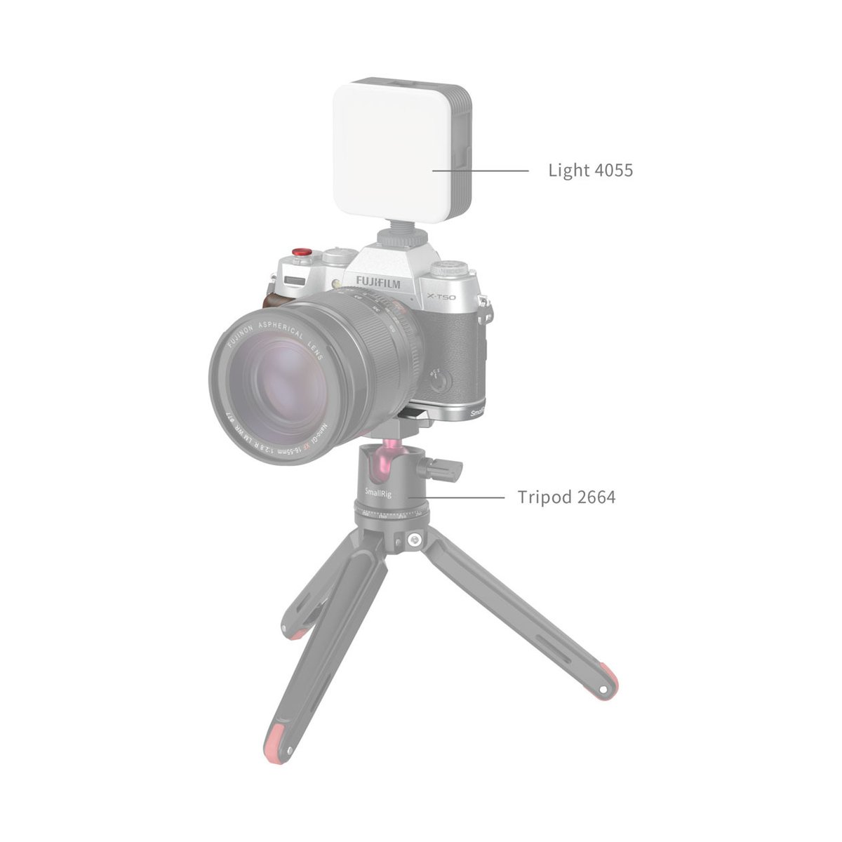 SmallRig 4735 Wooden L-Shape Handle für Fujifilm X-T50 silver - Anwendungsbeispiel: Kamera mit SmallRig Stativ 2664 und LED-Licht 4055