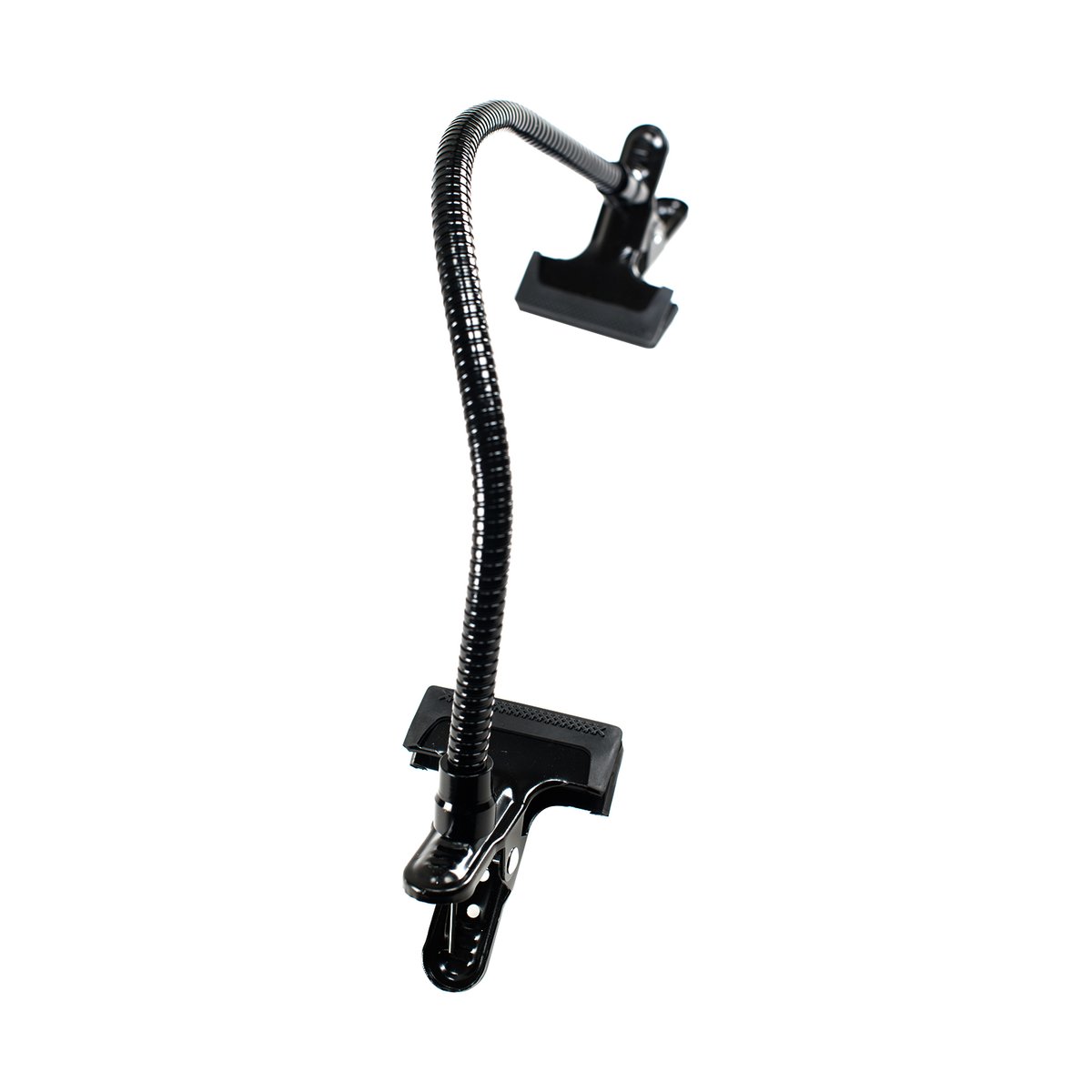 Caruba-Zubehör Klemme / Flexibler Arm 1 (Klemme > Klemme) - Produktansicht: Schwarzer flexibler Schwanenhals-Arm mit zwei Befestigungsklemmen
