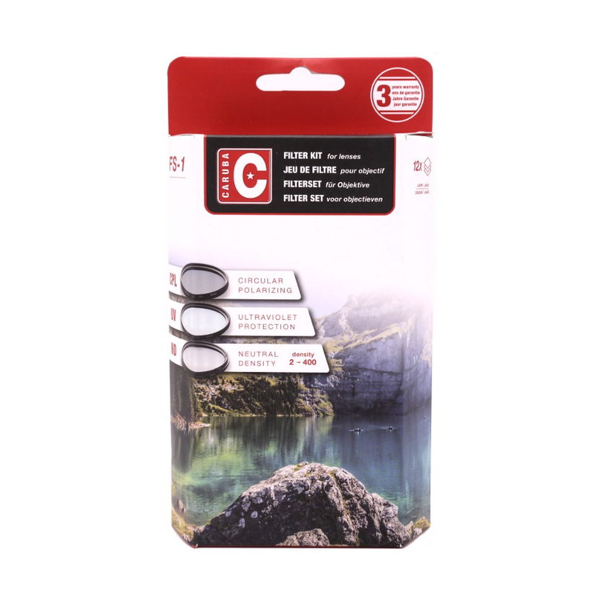Caruba UV+CPL+variablem ND2-400 Set 62mm - Verpackung: Caruba Filter-Kit für Objektive, mit Details zu Polarizing, UV- und Neutral Density Filtern und 3 Jahren Garantie.