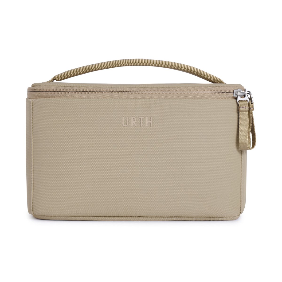Urth Arkose Camera Insert (Beige) - Frontansicht der beigen Urth Tasche mit Griff und Reißverschluss.