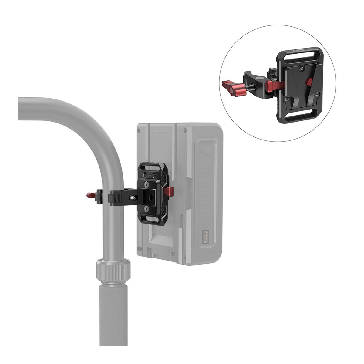 SmallRig 2989 Mini-V-Mount-Akkuadapter-Platte mit krabbenförmiger Klemme - Anwendungsbeispiel: Halterung mit Akku an Rig; Detailansicht des Quick-Release-Systems
