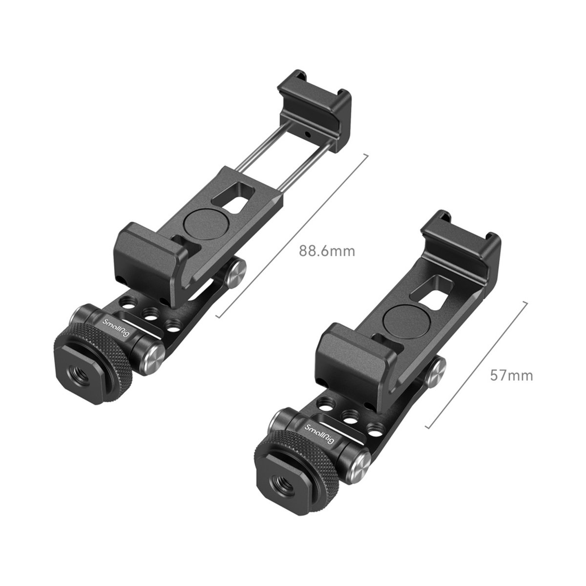 SmallRig 4382 Metal Phone Holder with Cold Shoe Mount - Abmessungen: Smartphone-Halterung ausgezogen (88.6mm) und zusammengeklappt (57mm)