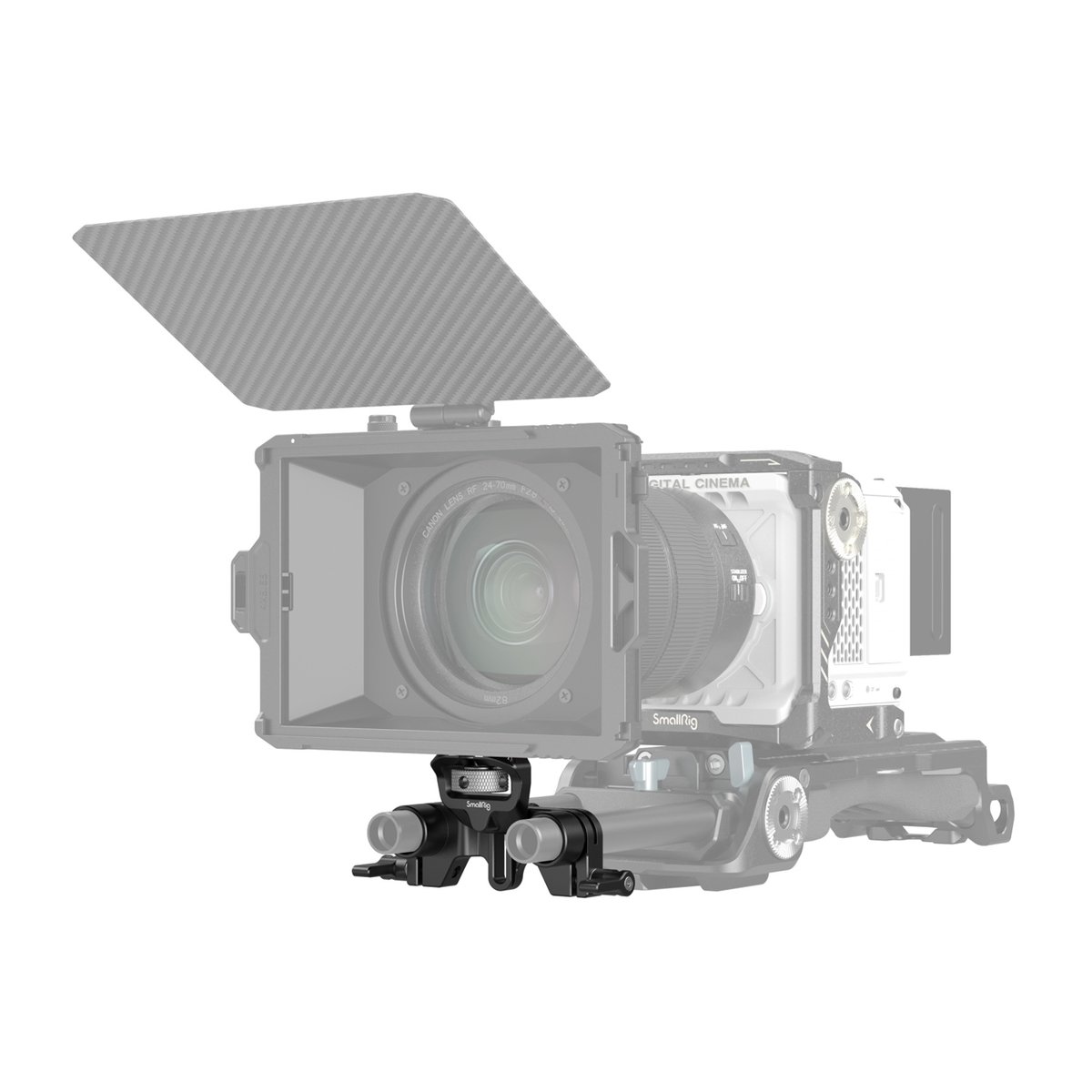 SmallRig 3652 LWS Rod Clamp 15 mm Stangenhalterung - Anwendungsbeispiel: Frontansicht der Matte Box mit Top Flag und des Follow Focus Systems an einer Kamera.