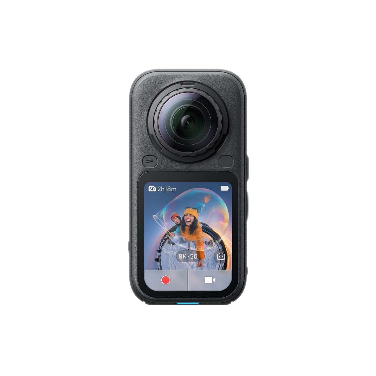 Insta360 X6 Standard Bundle Schwarz Frontansicht mit aktiviertem Display