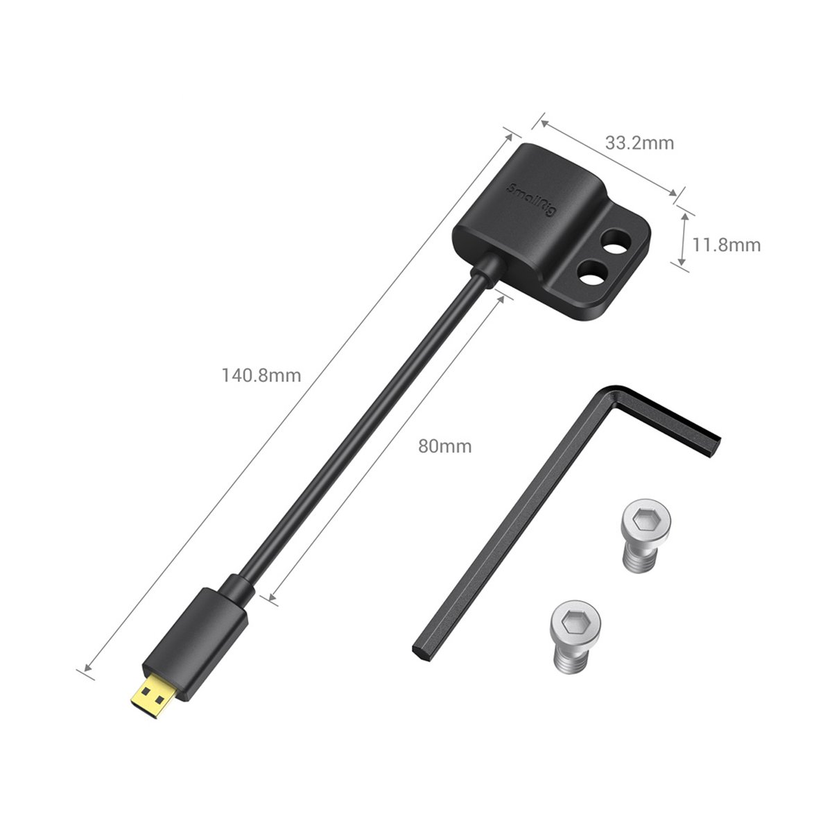 SmallRig 3021 Ultra Slim 4K HDMI 2.0 Adapter-Kabel (D zu A) - Lieferumfang und Maße des USB-Kabels mit Halterung, Inbusschlüssel und 2 Schrauben auf weißem Hintergrund.