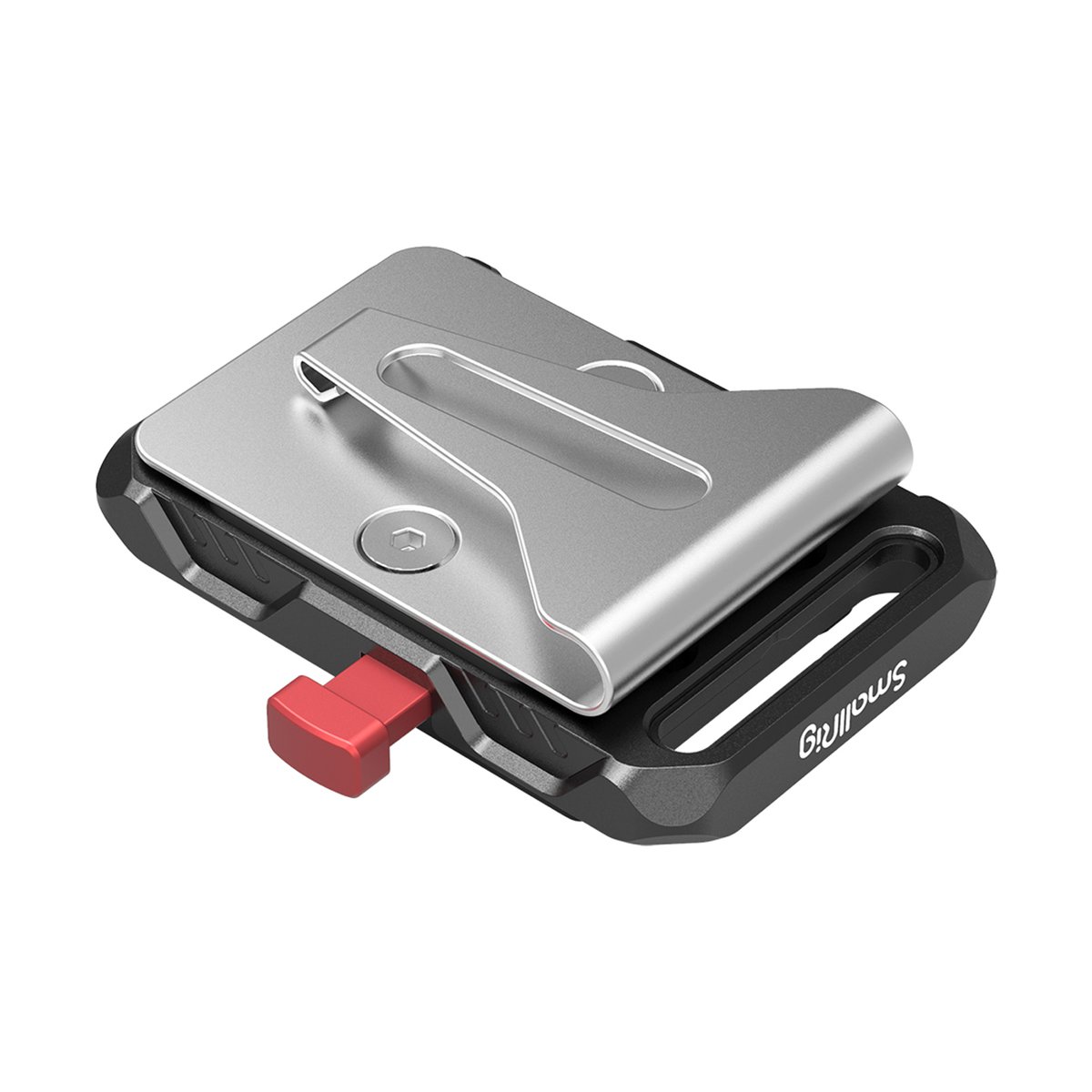 SmallRig 2990 Mini-V-Batterieplatte mit Gürtelklemme - SmallRig Gürtelclip mit Schnellverschluss und rotem Hebel, schräge Ansicht