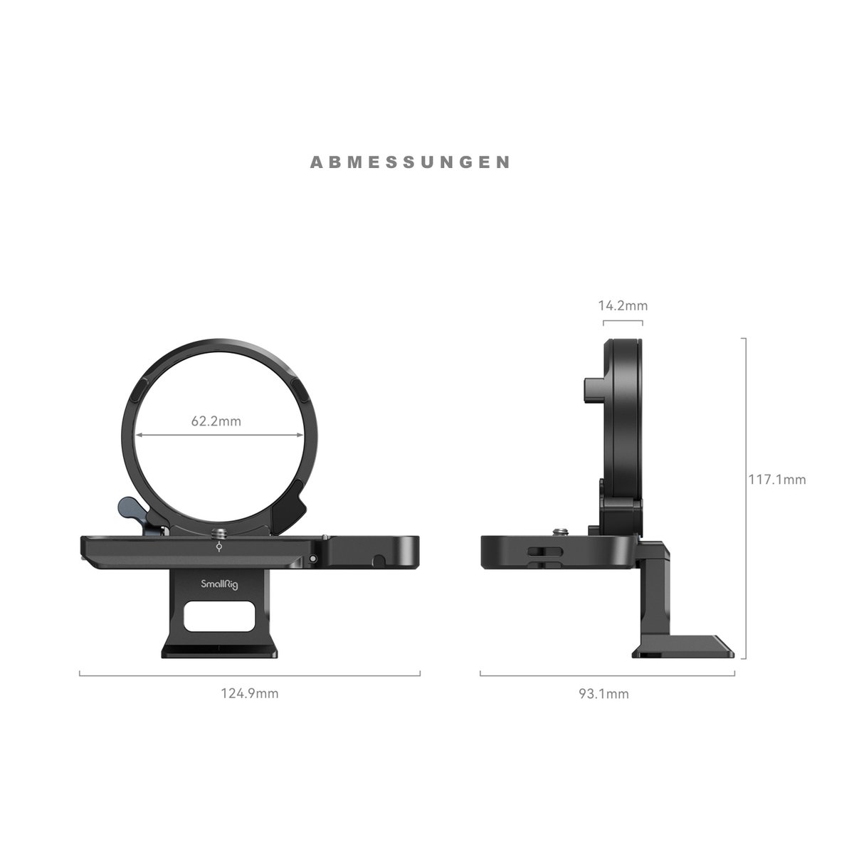 SmallRig 4570 Horizontal-to-Vertical Mount Plate Kit f. Sony Alpha 7C II/7CR - ABMESSUNGEN: Vorder- und Seitenansicht des Produkts