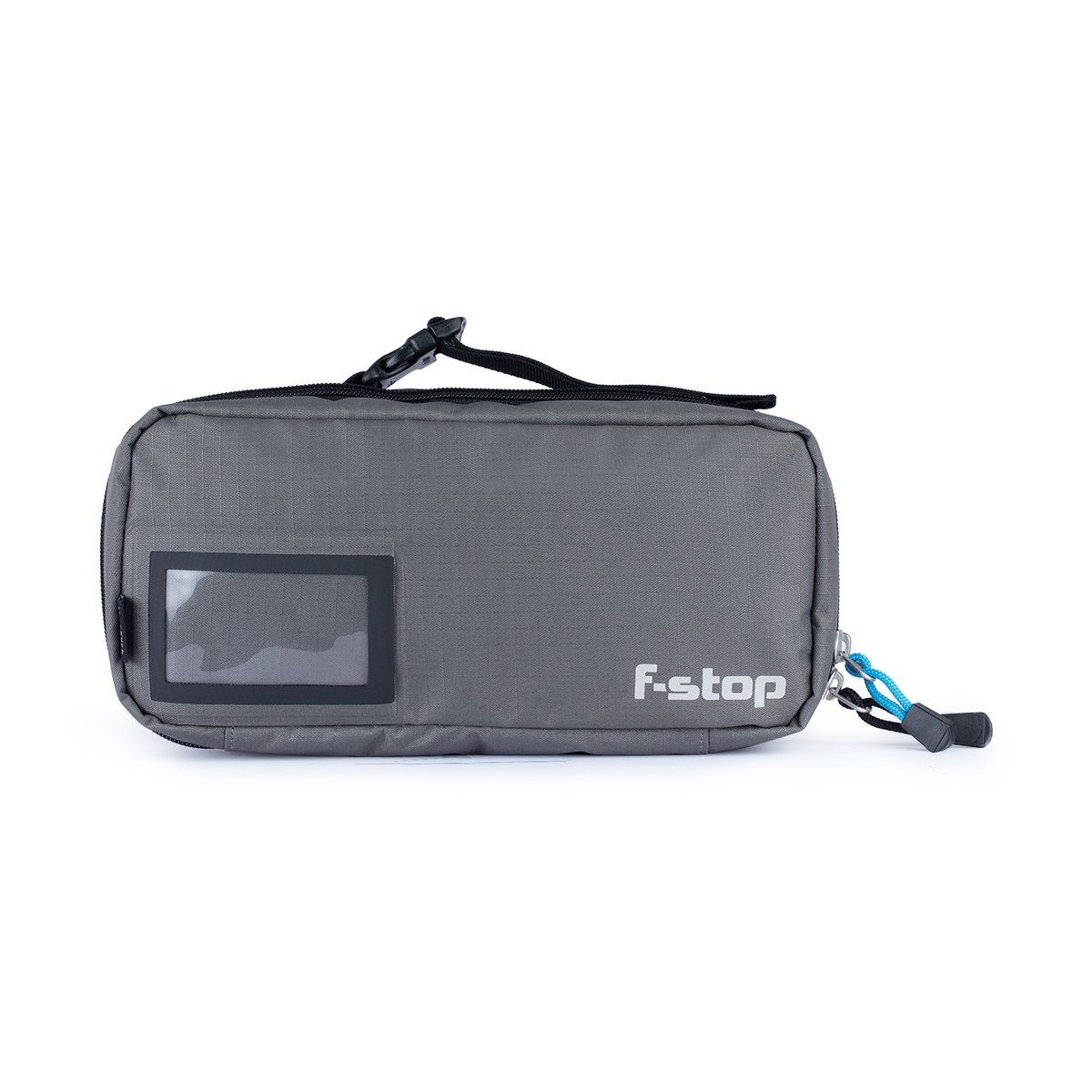 F-Stop Accessory Pouch Medium Gargoyle (Grau) / Schwarzer Reissverschluss - Frontansicht der grauen F-stop Tasche mit transparentem Fenster und Reißverschluss