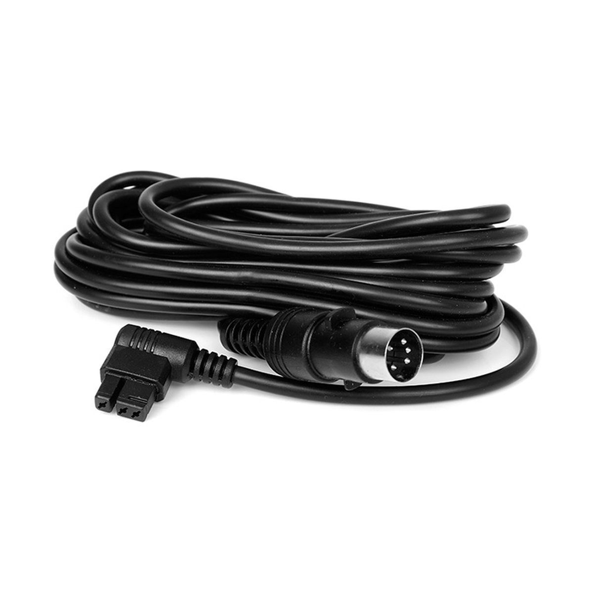 Godox Witstro kabel Type II 5M - Produktdarstellung: Aufgerolltes schwarzes Kabel mit abgewinkeltem 2-Pin-Stecker und 5-Pin-Rundstecker