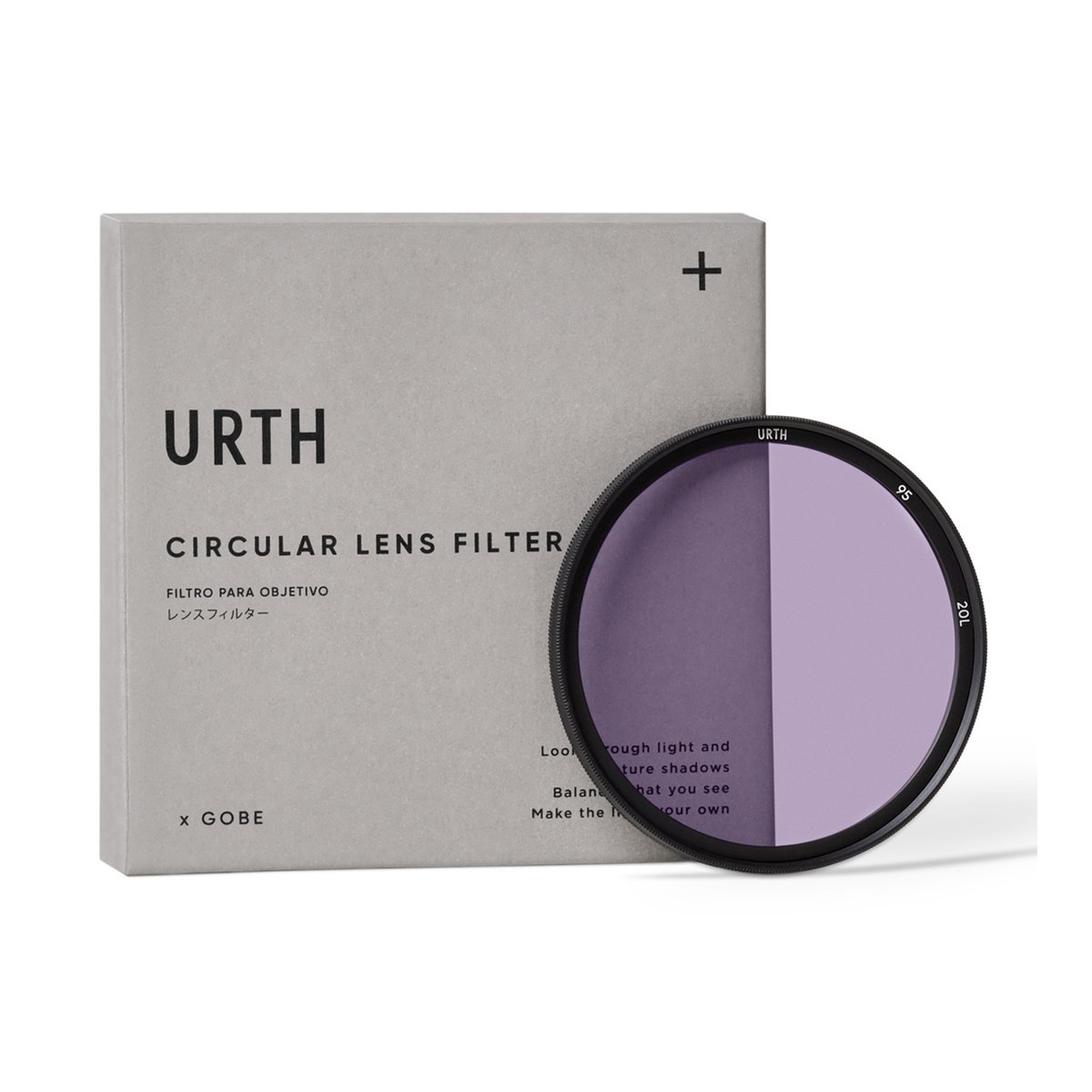Urth 95mm Neutral Nachtfilter (Plus+) - Lieferumfang: Urth Zirkular-Objektivfilter (lila) und graue Produktverpackung.