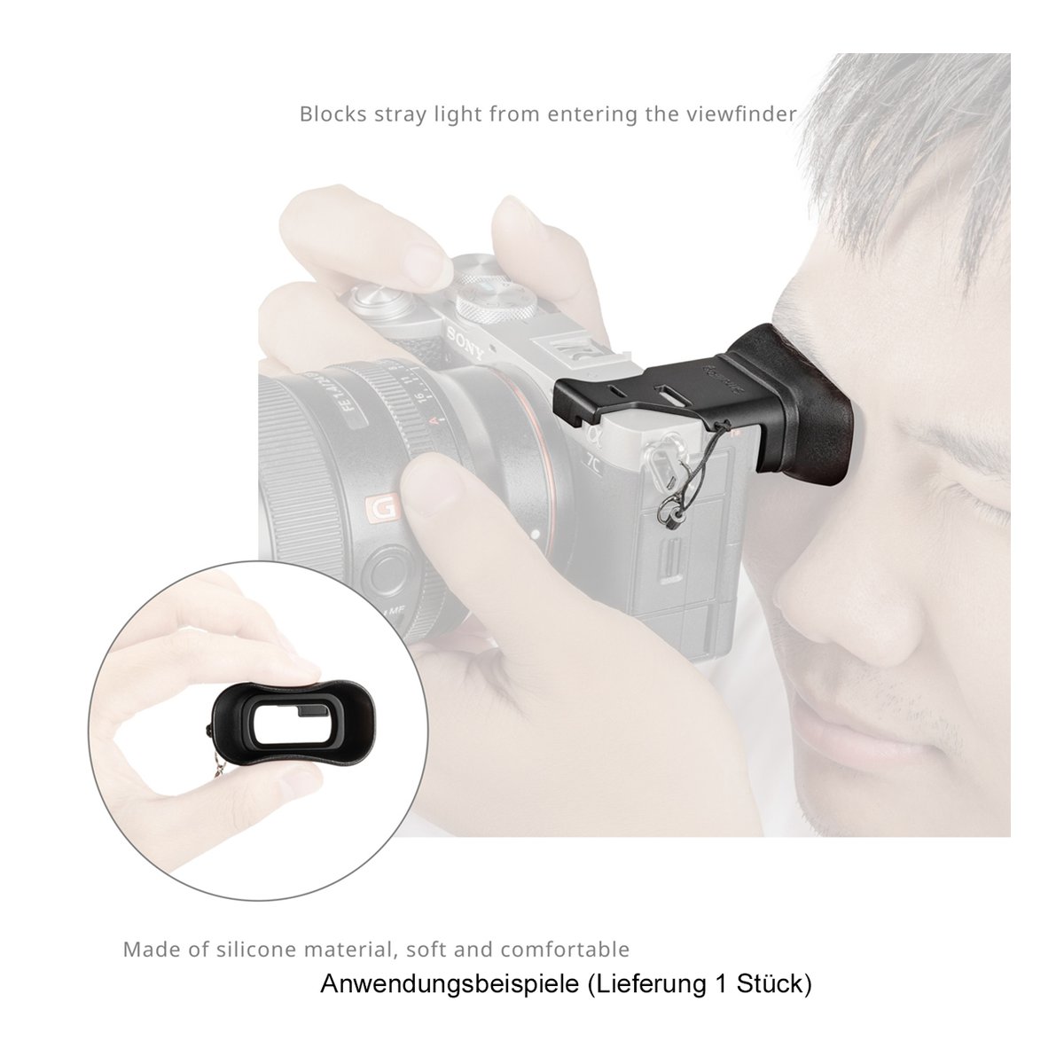 SmallRig 4819 Camera Viewfinder Eyecup für Sony Alpha 7C II/Alpha 7CR - Anwendungsbeispiel: Augenmuschel am Kamera-Sucher in Gebrauch, blockiert Streulicht; Detailansicht des Produkts.