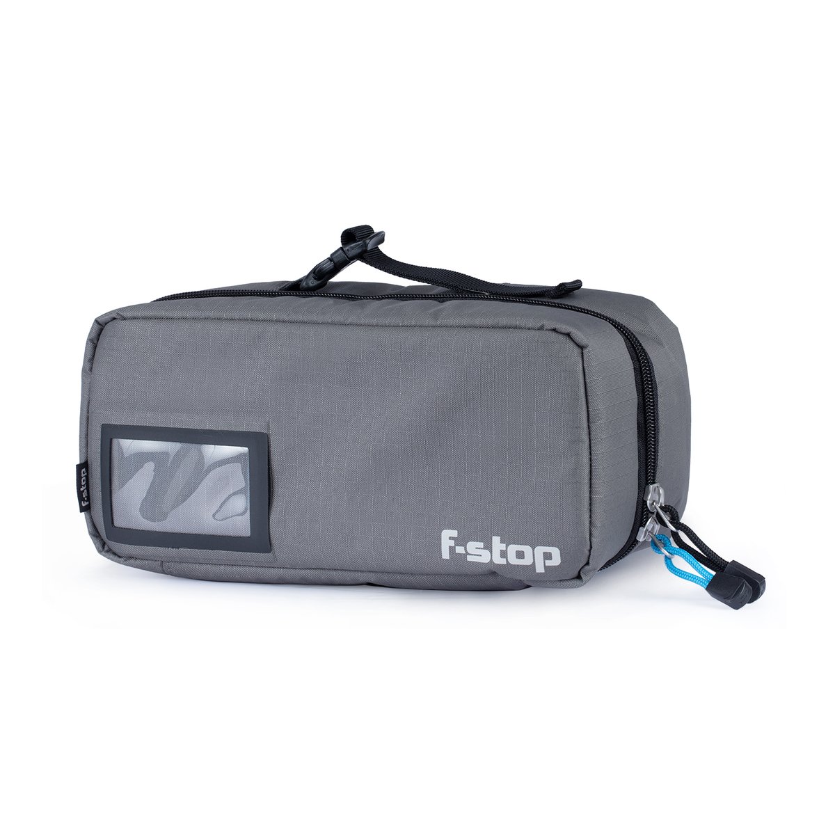 F-Stop Accessory Pouch Large Gargoyle (Grau) Schwarzer Reissverschluss - Frontansicht der grauen F-stop-Tasche mit transparentem Sichtfenster und Reißverschluss.