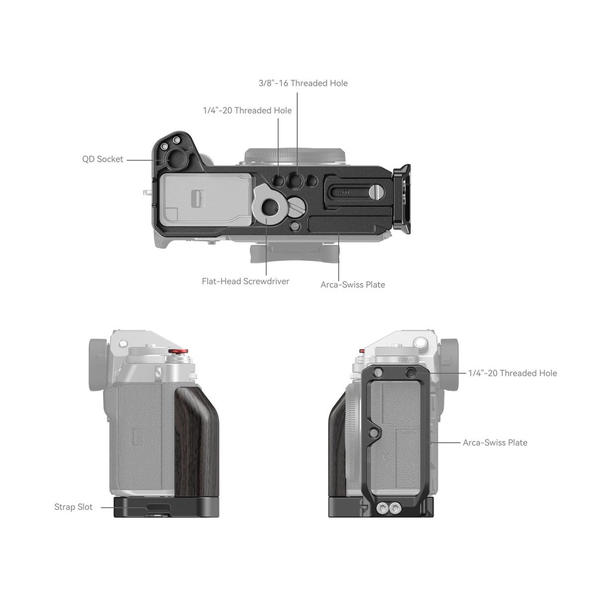 SmallRig 4137 L-Bracket f. Fujifilm X-T5 - Kamera-L-Bracket: Technische Ansichten mit beschrifteten Details (Gewinde, QD-Sockel, Arca-Swiss Platte, Werkzeug) SmallRig 4137 L-Bracket f. Fujifilm X-T5 - Kamera-L-Bracket: Technische Ansichten mit beschrifteten Details (Gewinde, QD-Sockel, Arca-Swiss Platte, Werkzeug)