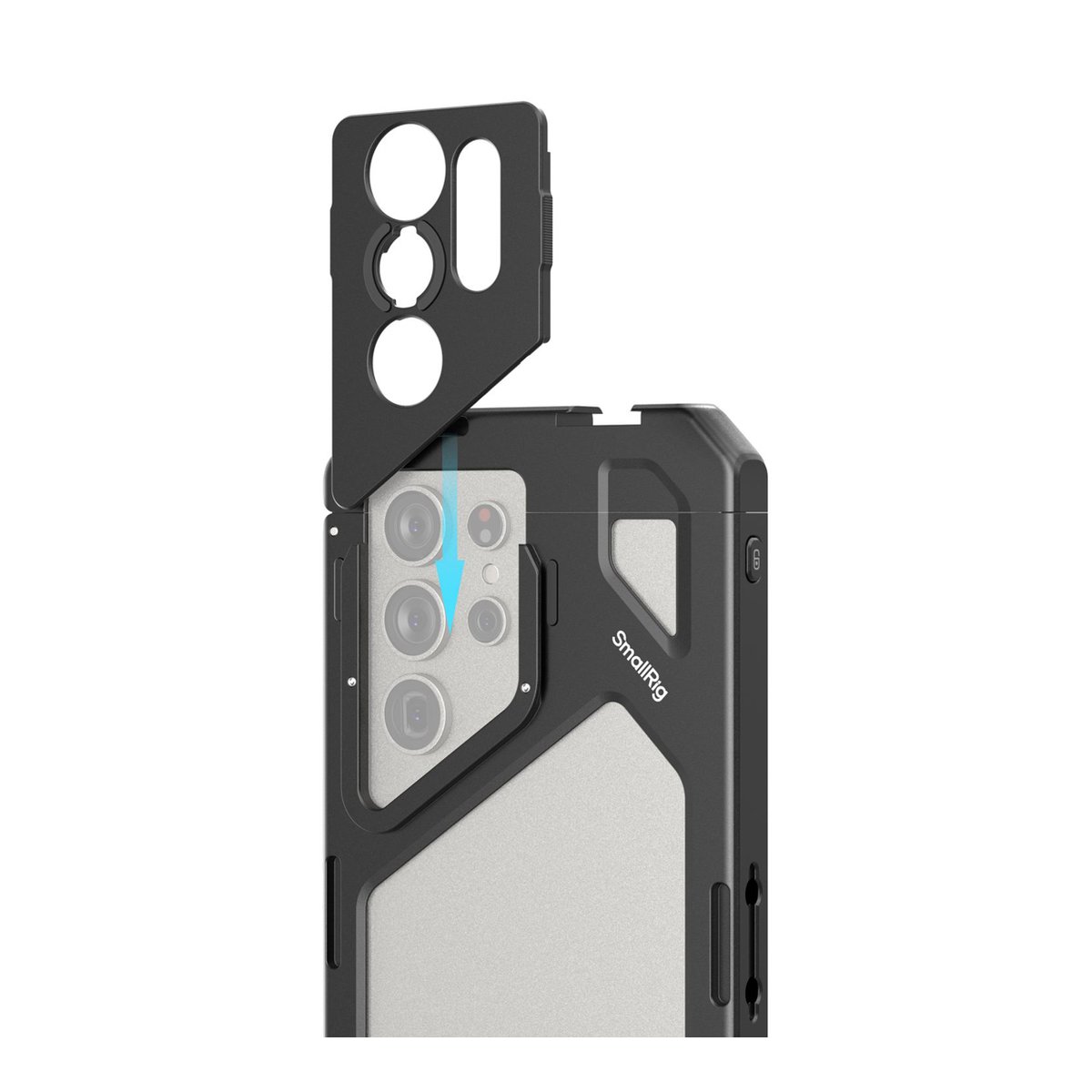 SmallRig 4601 Ultra Cage Kit Samsung Galaxy S24 - Detailansicht: SmallRig Smartphone-Hülle mit aufschiebbarer Kameraabdeckung
