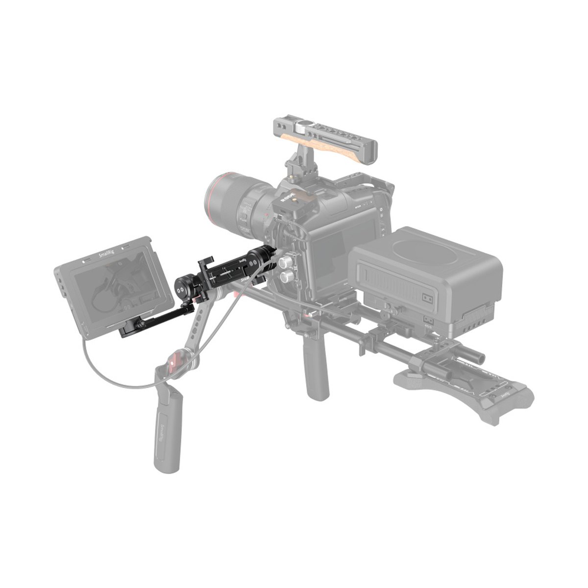 SmallRig 3507 Verstellbare EVF-Halterung mit NATO-Klemme - Anwendungsbeispiel: Monitorhalterung mit Display am Kamera-Rig, Schrägansicht. SmallRig 3507 Verstellbare EVF-Halterung mit NATO-Klemme - Anwendungsbeispiel: Monitorhalterung mit Display am Kamera-Rig, Schrägansicht.