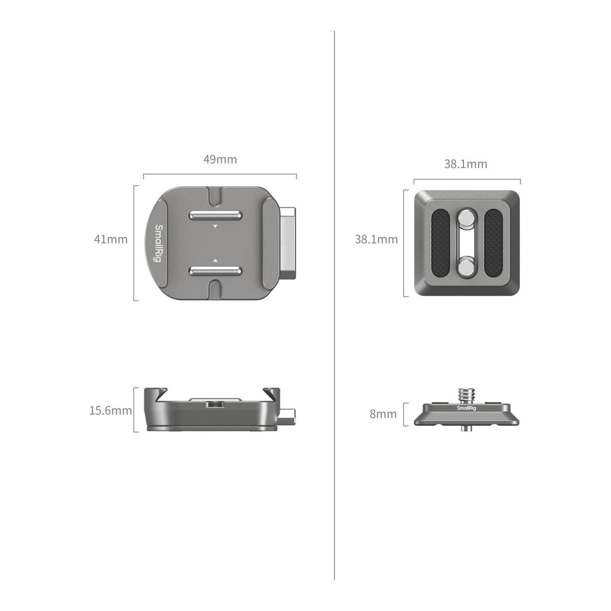 SmallRig 4486 HawkLock H38 QR Arca Swiss Mount Plate - Maße und verschiedene Ansichten von zwei Kamerazubehörteilen.