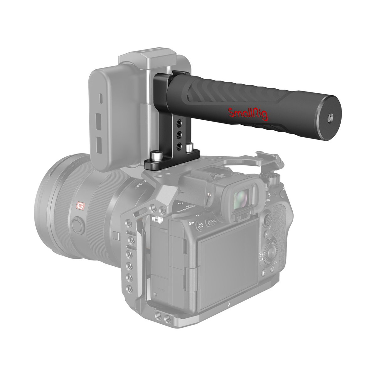 SmallRig 1446C Topgriff (Gummi) - Detailansicht: SmallRig Top-Griff und externer Akku auf Kamera-Rig.