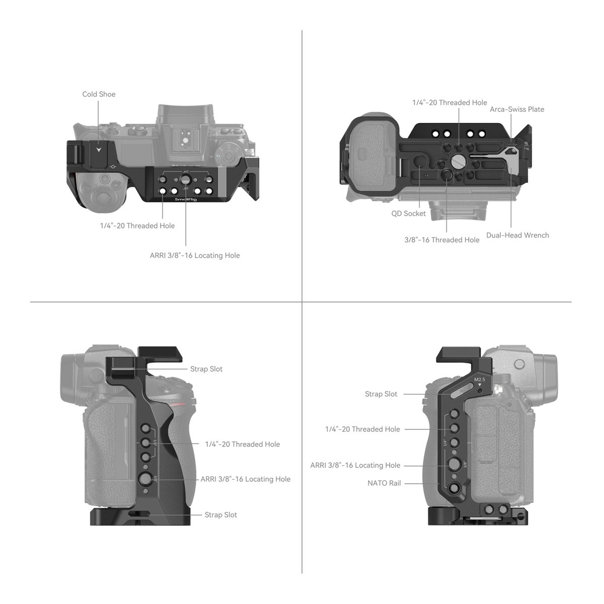 SmallRig 2926B Cage Nikon Z5/6/7/6II/7II - Kamera-Cage: Übersicht der Befestigungspunkte und Funktionen von verschiedenen Seiten.