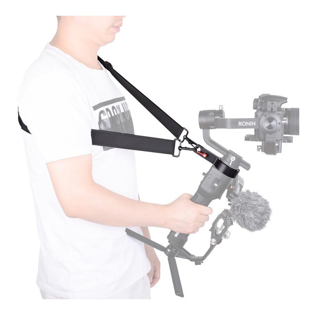 Caruba Gewichtsentlastungsriemen + Gimbal-Klemme für Ronin S - Anwendungsbeispiel: Tragesystem für Gimbal am Körper getragen.