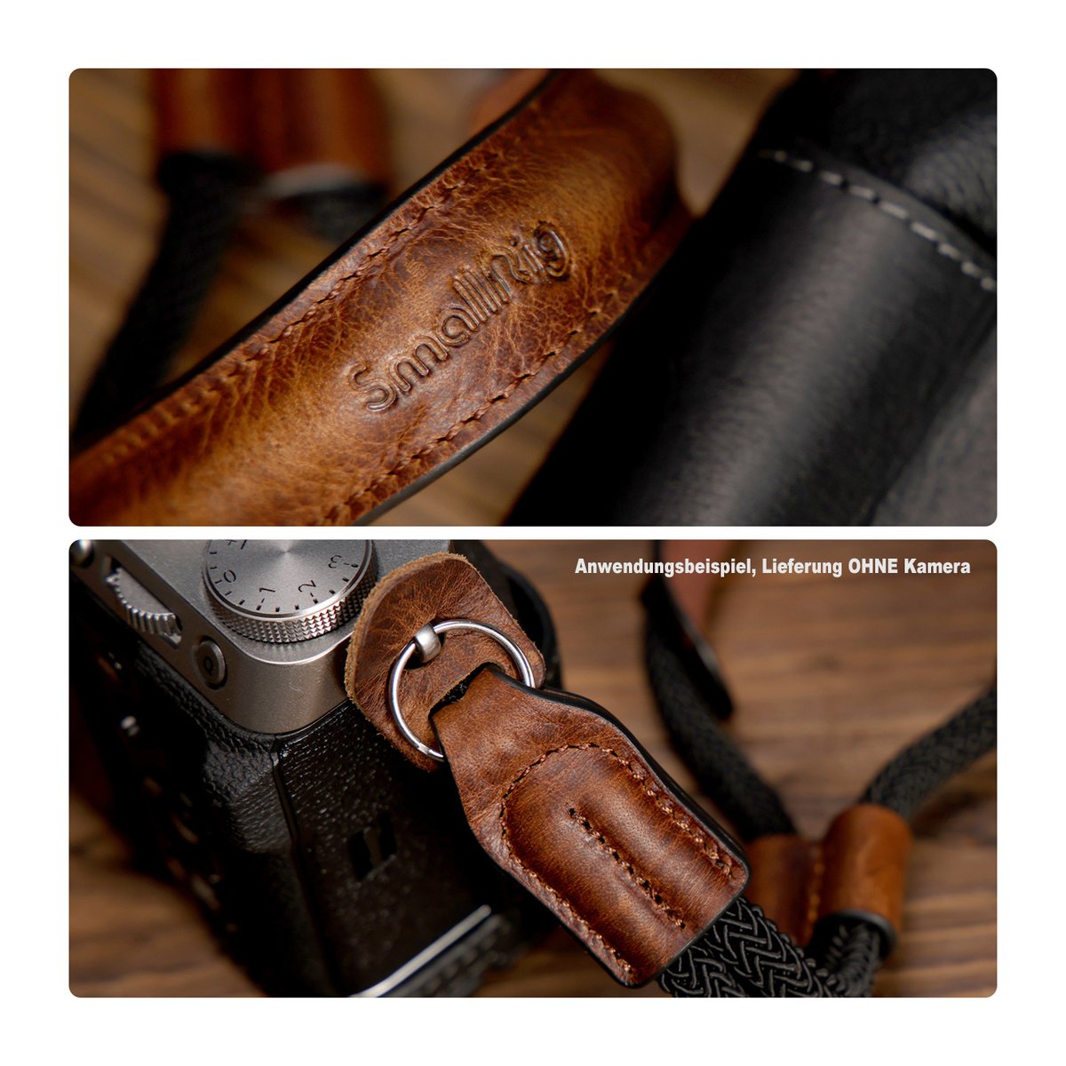 SmallRig 3926 Universal Vintage Wrist Strap, Handschlaufe für Fujifilm X-T5 - Detailansicht des SmallRig Leder-Handgurts mit Prägung und Anwendungsbeispiel an Kamera.