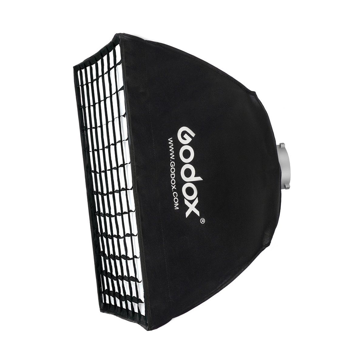 Godox Softbox Bowens Mount + Grid - 60x60cm - Godox Softbox mit Wabengitter, Vorder- und Seitenansicht.