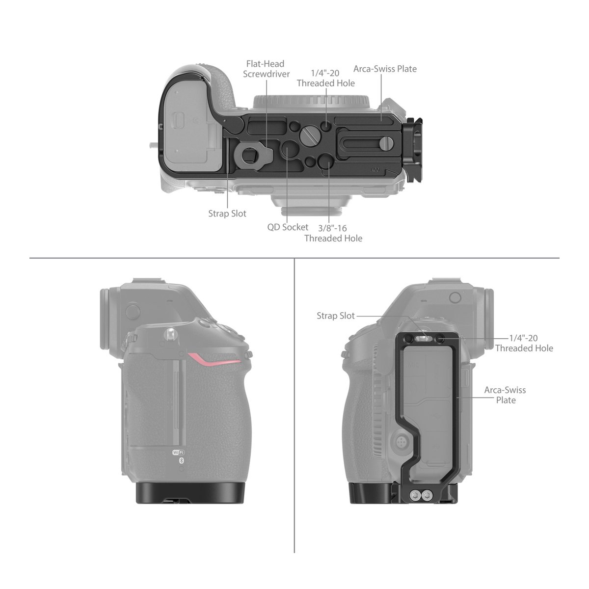 SmallRig 3942 L-Bracket für Nikon Z 8 - Technische Zeichnung: Kameracage an Kamera, Detailansichten Boden & Seite mit Markierungen