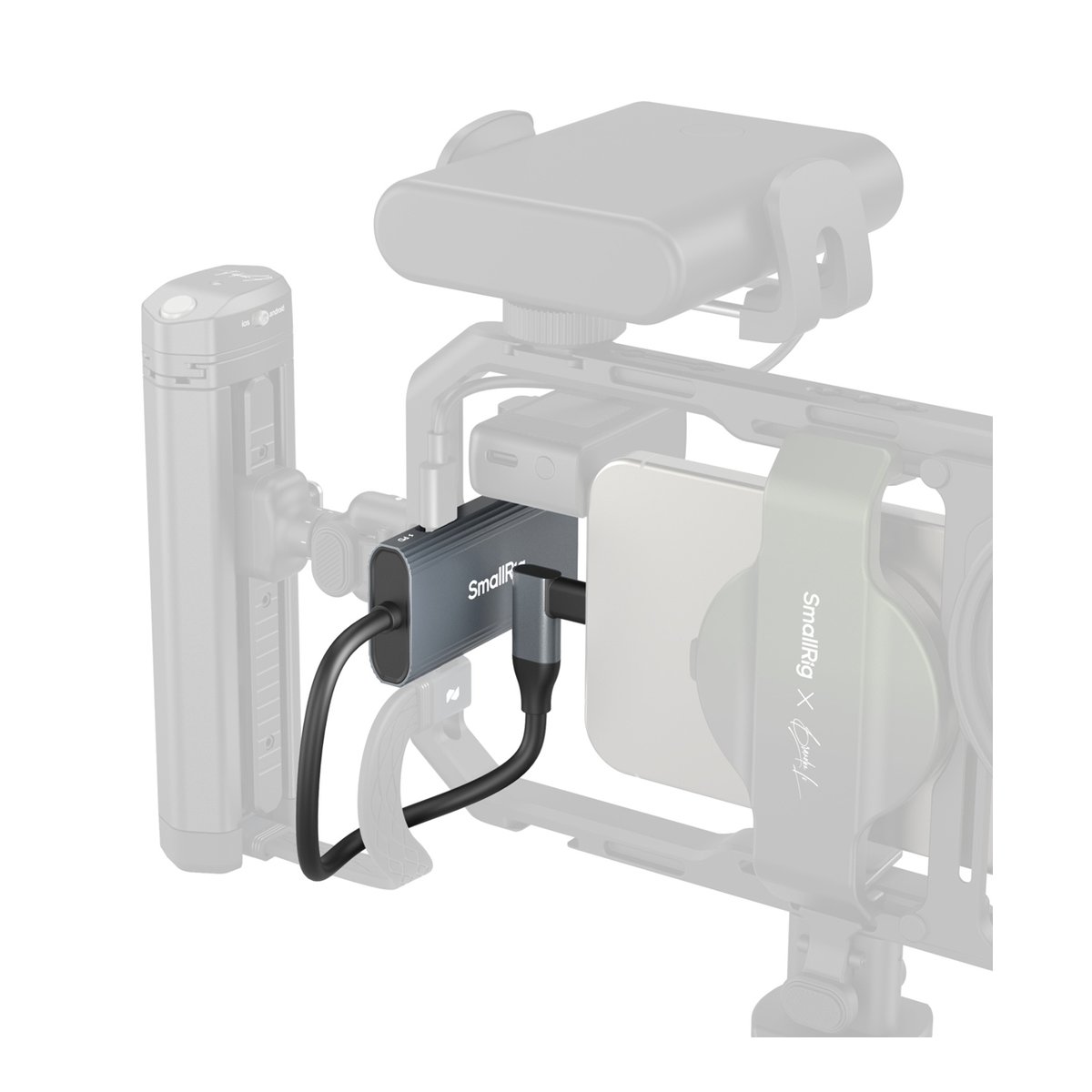 SmallRig 4598 USB-C Hub 4-in-1 PD 100W / USB-C 3.1/USB-C 2.0 mit Audio Adapter x2 - Anwendungsbeispiel: SmallRig SSD-Gehäuse am Rig, mit Smartphone verbunden