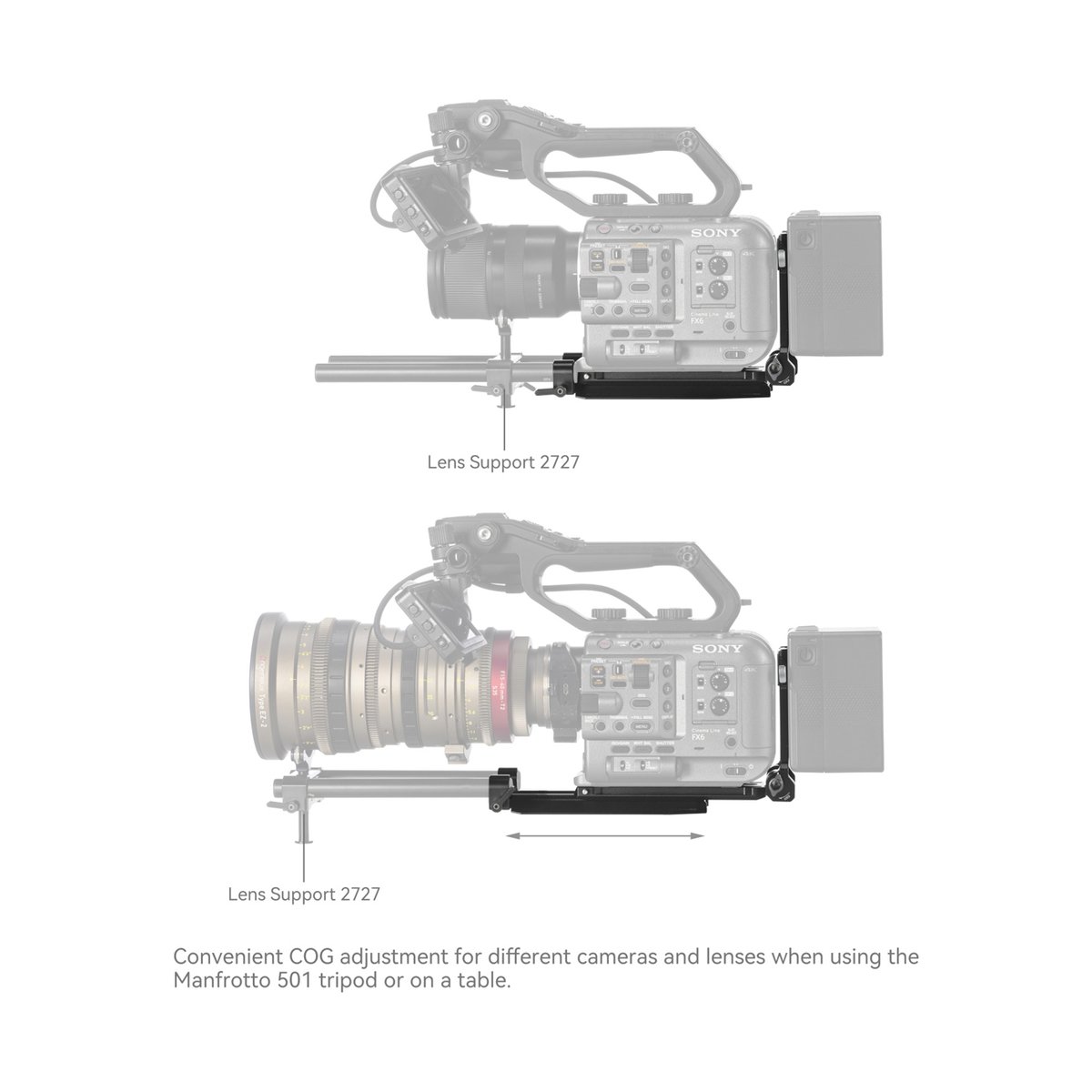 SmallRig 4323 V-Mount Battery Mount Plate Kit für Cinema Cameras - Demonstration der COG-Anpassung der Objektivstütze 2727 für verschiedene Objektivlängen