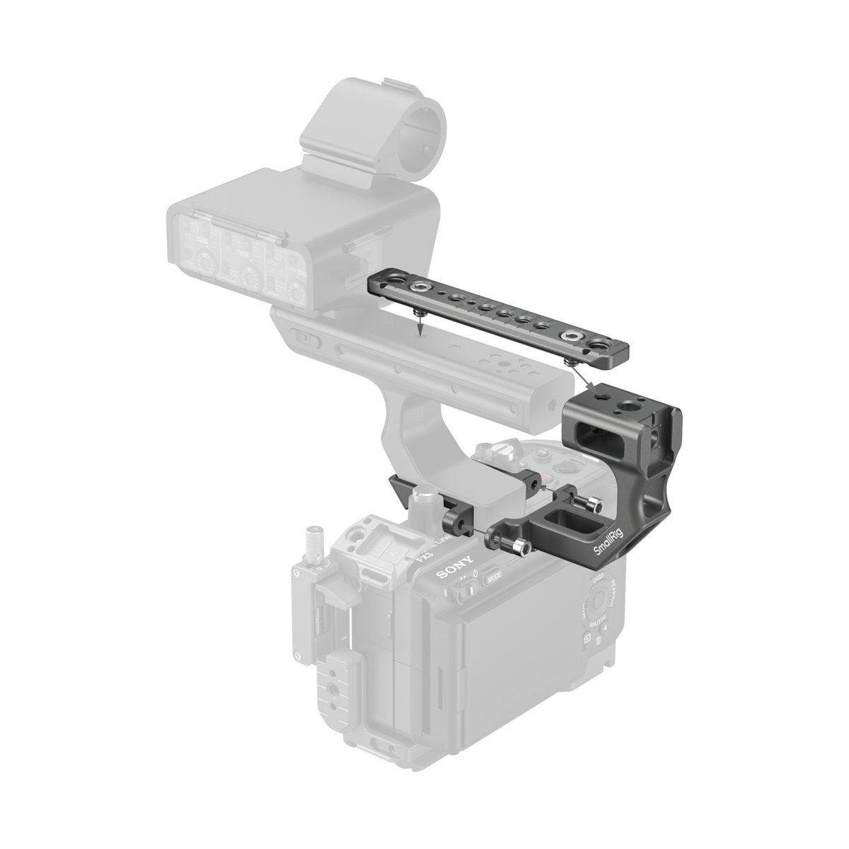 SmallRig 4830 Extension Mount Plate Kit für Sony FX3 / FX30 XLR Handle - DETAILANSICHT: MONTAGE DES SMALLRIG TOP-GRIFFS AN DER KAMERA-CAGE