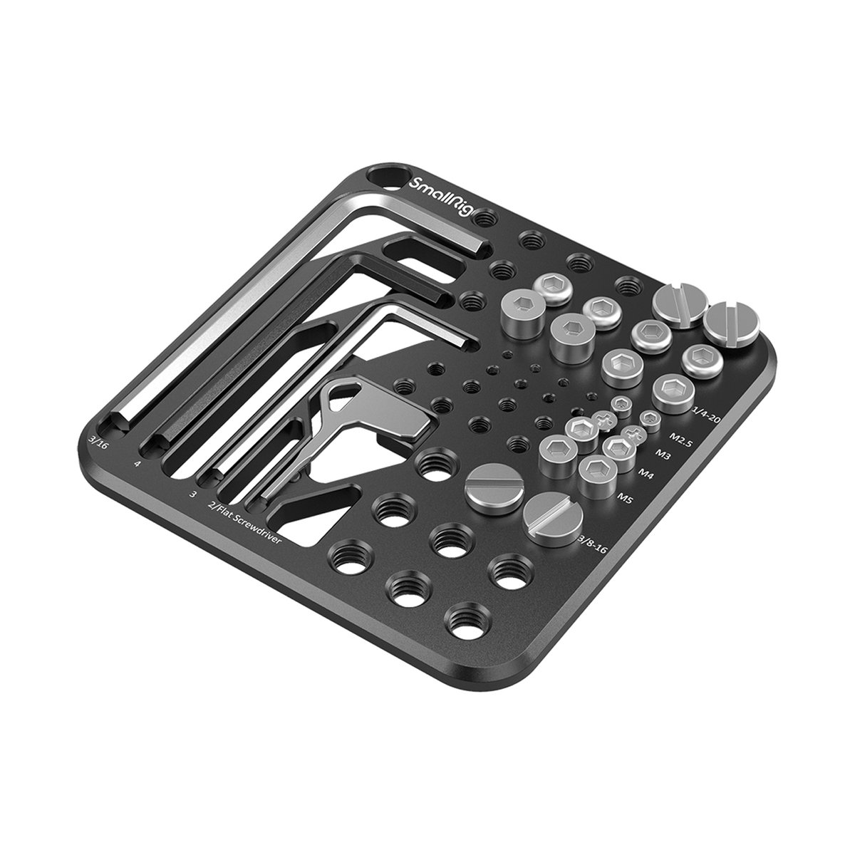 SmallRig 3184 Schrauben- und Sechskantschlüssel-Aufbewahrungsplatte - Detailansicht: SmallRig Multifunktionswerkzeug mit Inbusschlüsseln, Schraubendreher und diversen Schrauben auf der Halterung.