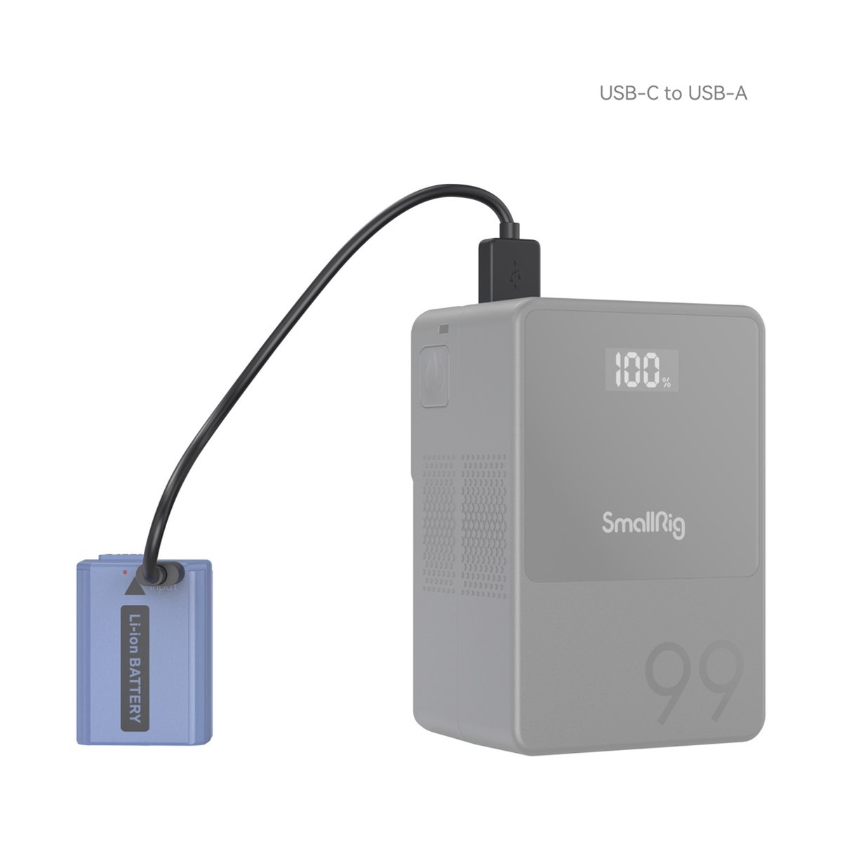 SmallRig 4330 NP-FW50 USB-C (Sony) aufladbare Kamerabatterie - Anwendungsbeispiel: SmallRig Powerbank lädt Li-ion Akku über USB-C zu USB-A Kabel