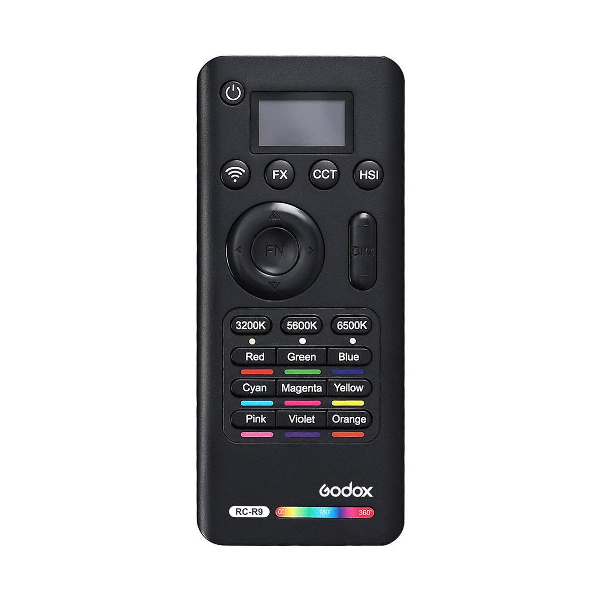 Godox LED-Licht-Fernbedienung RC-R9 für LC500R & SZ150R - Frontansicht der Godox RC-R9 Fernbedienung für LED-Videoleuchten mit Display und Farbauswahltasten.