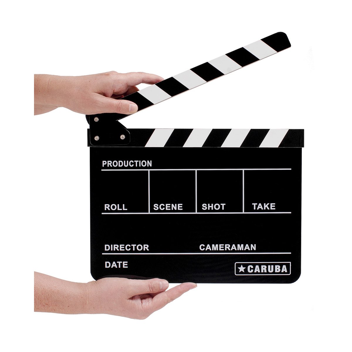 Caruba Professional Direktor Clapper BW (Kreide) - Anwendungsbeispiel: Hände halten offene Filmklappe