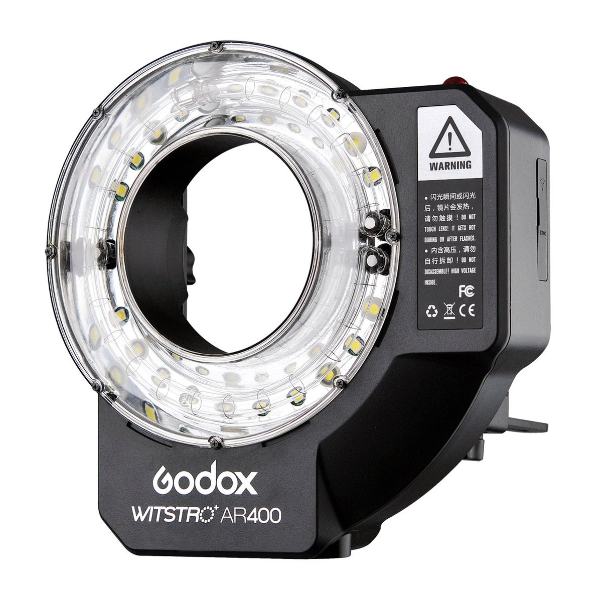 Godox Witstro AR400 (2020 Model) - Frontansicht des Godox WITSTRO AR400 Ringblitzes mit sichtbaren LED-Leuchten und Logo.