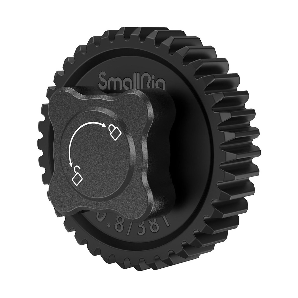 SmallRig 3285 M0.8-38T Zahnrad - {image_position}. Detailansicht des schwarzen SmallRig Zahnrads mit arretierbarem Drehknopf und 0.8/38T Beschriftung.