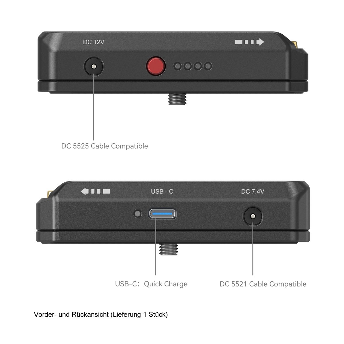 SmallRig 4341 NP-F Batterie-Adapter-Montageplattenkit+NP-FZ100 Dummy+Kabel - Vorder- und Rückansicht des Produkts mit allen Anschlüssen und Spezifikationen.