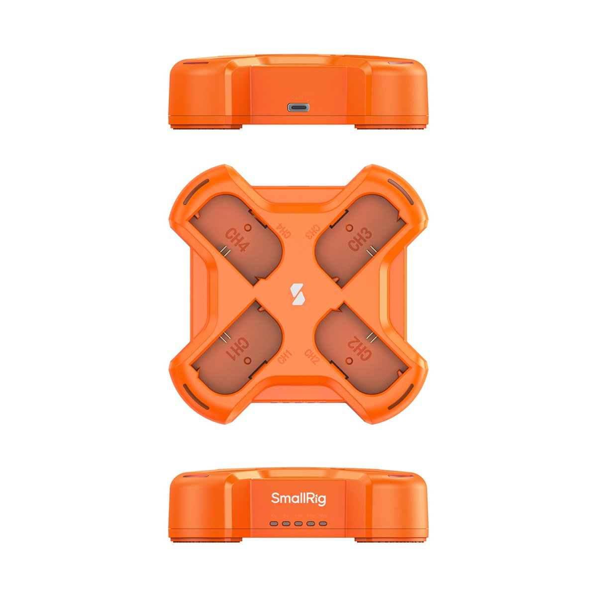 SmallRig 4838 LP-E6NH 4-Channel Camera Battery Charger - Orangefarbenes SmallRig Ladegerät: Draufsicht mit 4 Ladekanälen und Seitenansichten
