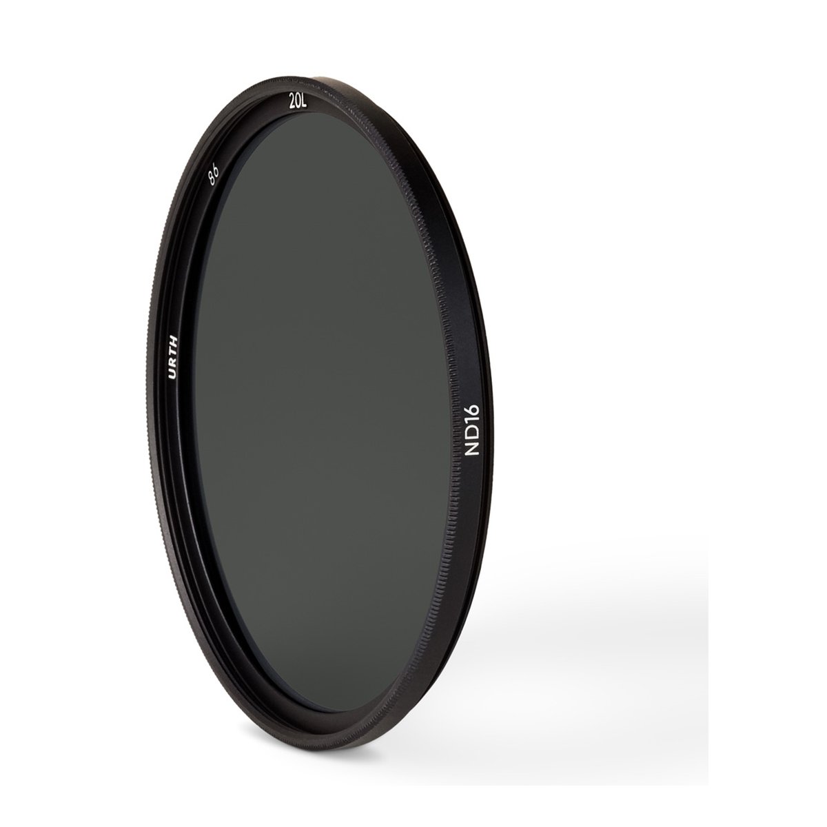 Urth 86mm ND16 (4 Stop) Objektivfilter (Plus+) - Angled view of a black Urth ND16 camera filter with dark glass and white text, on white background.