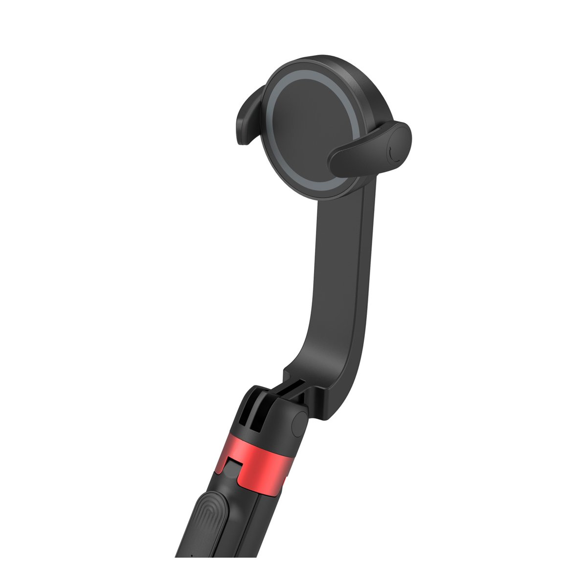 SmallRig 4731 ST-25 Pro schwarz Selfie Stick Stativ - Detailansicht der Halterung mit Magnetfläche und rotem Gelenk