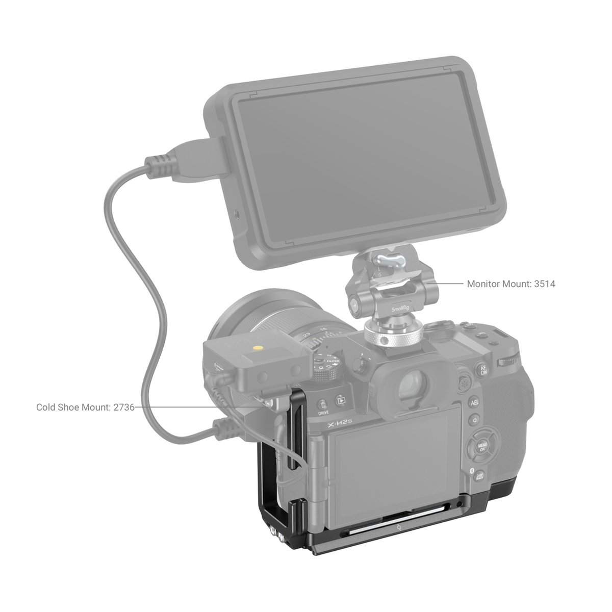 SmallRig 3928B L-Bracket für Fujifilm X-H2 / X-H2S - Anwendungsbeispiel: Kamera-Setup von hinten-rechts mit Monitorhalterung 3514 und Cold Shoe Mount 2736.