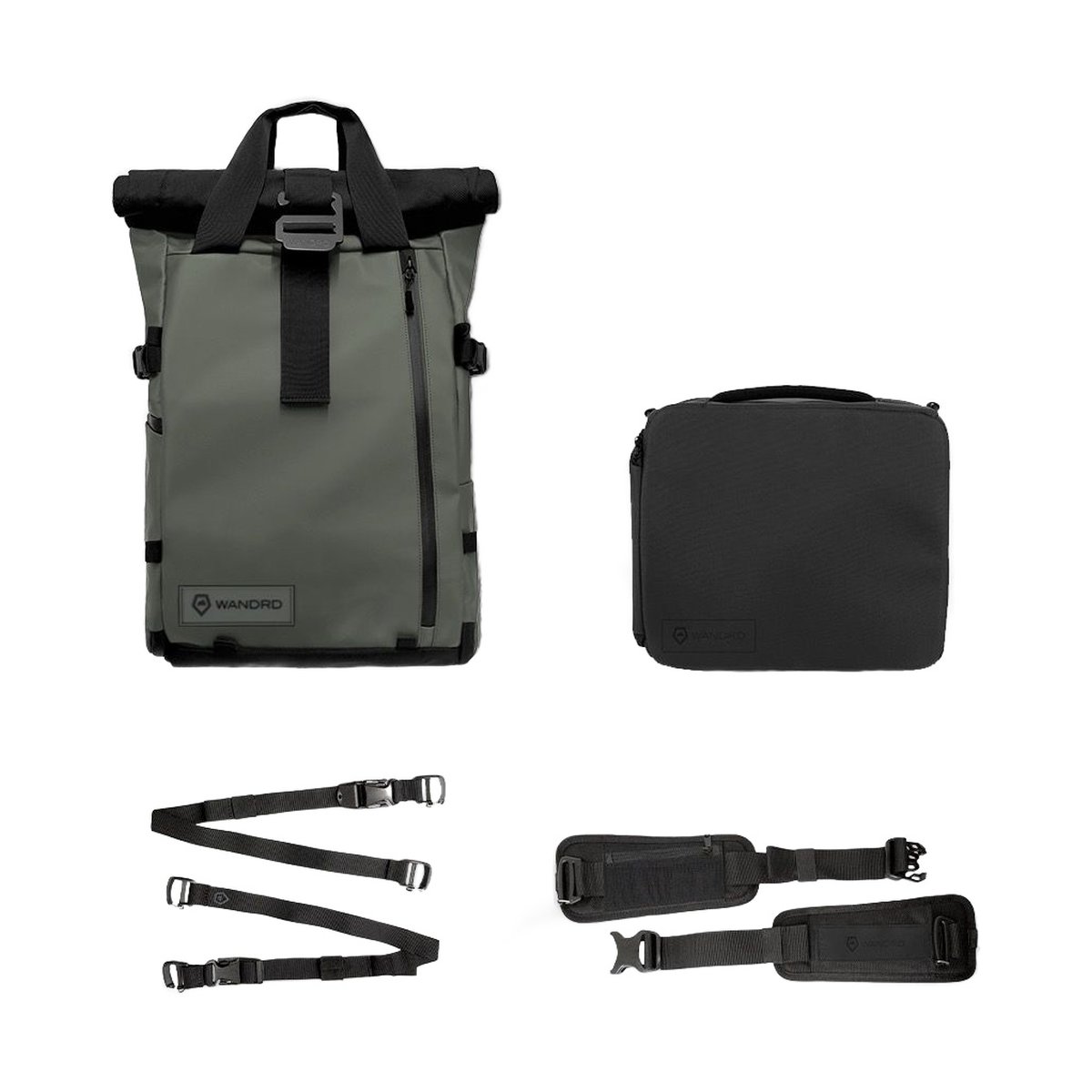 WANDRD PRVKE 21-Liter Green Photo Bundel V3 - Lieferumfang: Grauer Roll-Top-Rucksack, schwarze Kameratasche, Hüftgurt und externes Tragesystem.