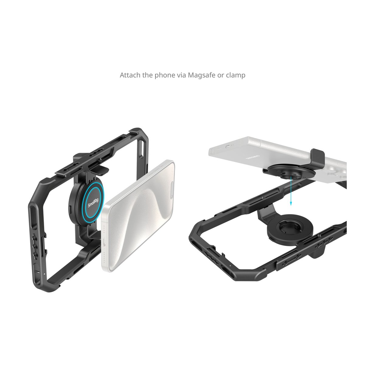 SmallRig 4597 All in one Videokit für Smartphone Creators Quick Basic - Funktionsweise: Smartphone-Befestigung am Kamerakäfig via MagSafe oder Klammer. SmallRig 4597 All in one Videokit für Smartphone Creators Quick Basic - Funktionsweise: Smartphone-Befestigung am Kamerakäfig via MagSafe oder Klammer.