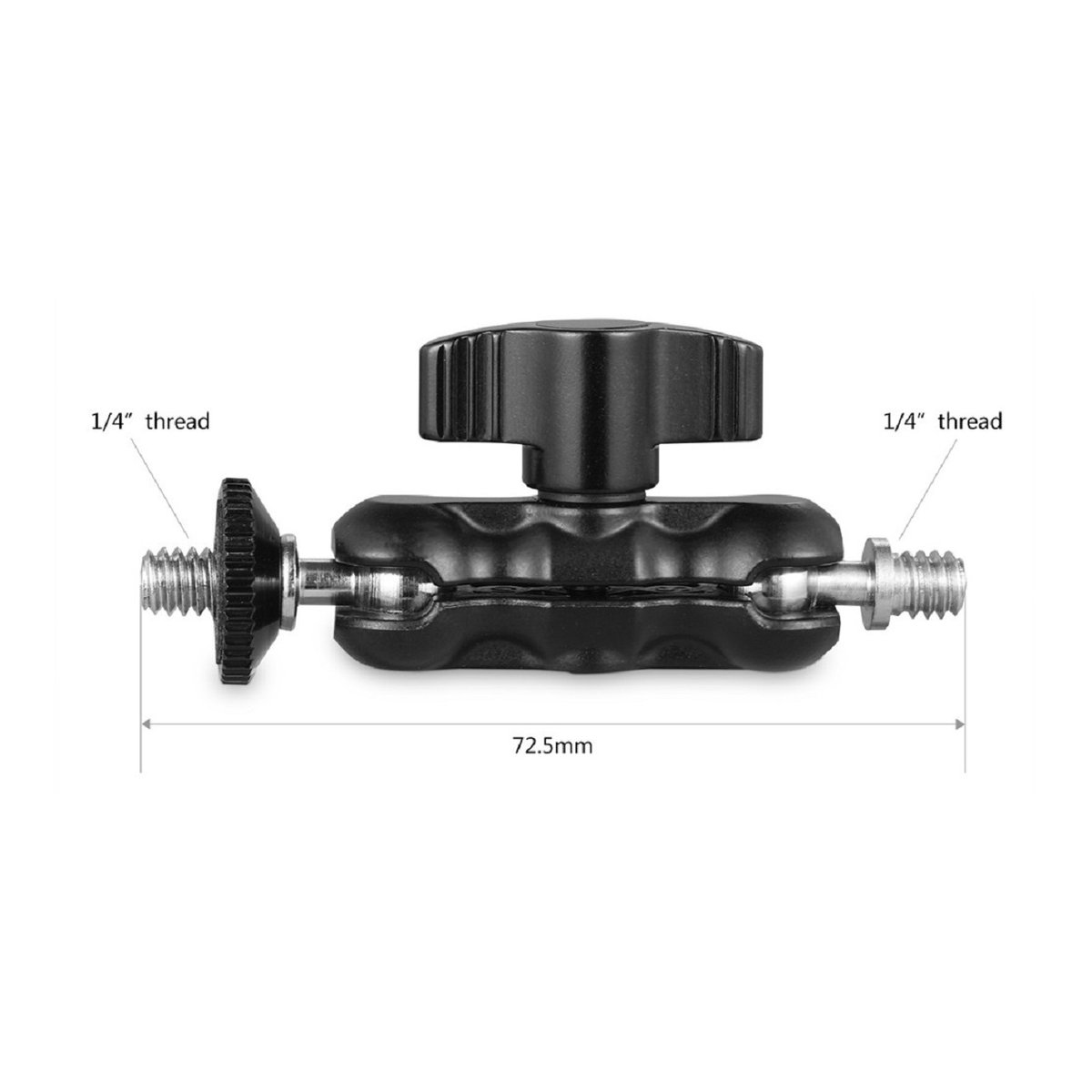 SmallRig 2157 Gelenkarm 11" mit kleinen Kugelkopf - Technische Ansicht einer Kugelgelenk-Halterung mit 1/4-Zoll-Gewinden an beiden Enden und einer Länge von 72.5mm. SmallRig 2157 Gelenkarm 11" mit kleinen Kugelkopf - Technische Ansicht einer Kugelgelenk-Halterung mit 1/4-Zoll-Gewinden an beiden Enden und einer Länge von 72.5mm.