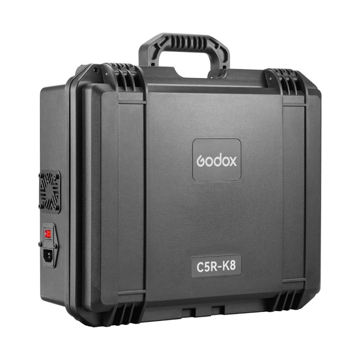 Godox C5R-K8 Mobile RGB LED 8 Light Kit with Charging Case - Godox C5R-K8 Transportkoffer, schräg von vorne mit Power-Anschluss und Lüfter.